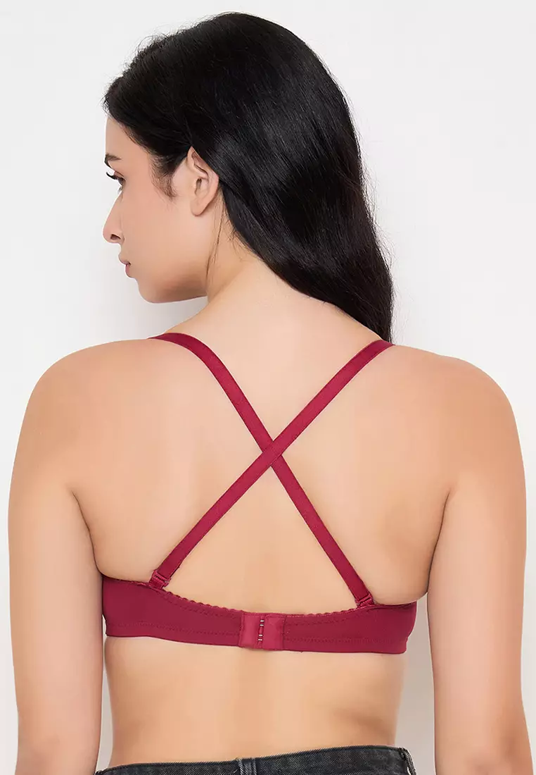 Clovia Padded Non-Wired Full Cup Self Striped Multiway T-shirt Bra in Maroon