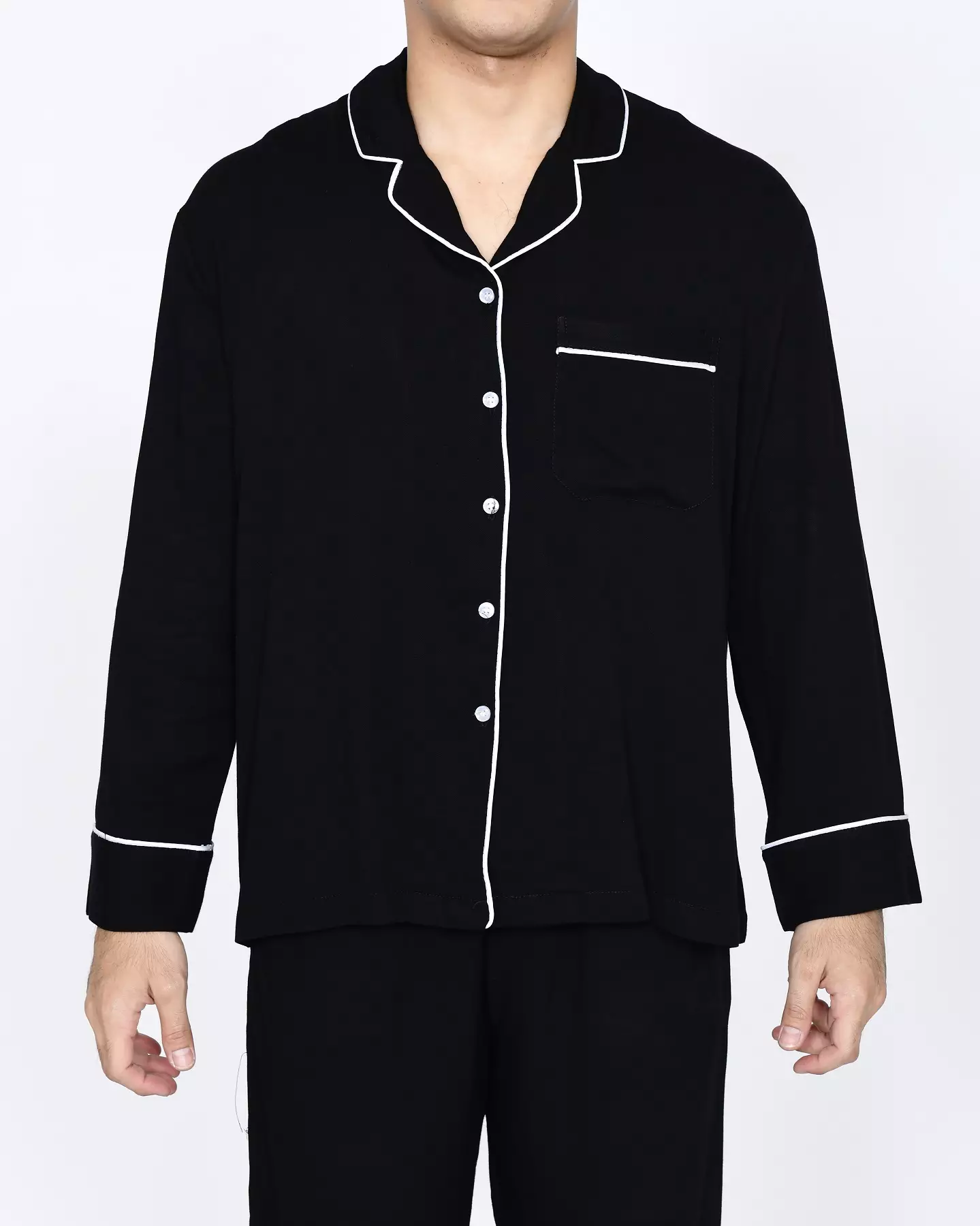 Setelan Baju Tidur Panjang Piyama Pria Plain [HITAM] One Set Sleepwear Pajamas Material Katun Size M-XXL