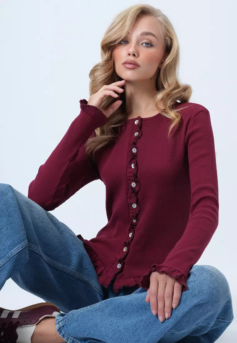 Women's Burgundy Crew Neck Ruffle Detailed Buttoned Front Knitted Blouse Alc-X14533