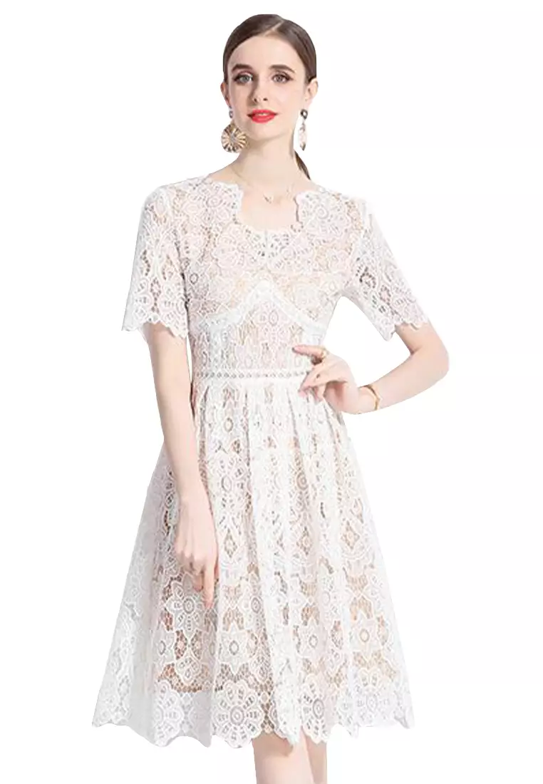 Buy Sunnydaysweety Lace hollow sexy V neck short sleeved dress