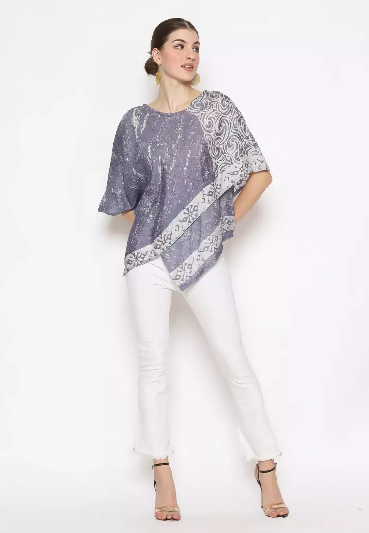 Rinjanie Batik - Motif Batik Kontemporer - Blouse Zigzag Awan Sahaja - Batik Kantor Modern - Blouse Batik Wanita Warna Pastel - Blouse Batik Modern Asymmetric - Batik Cap Mix - MAHG - AS