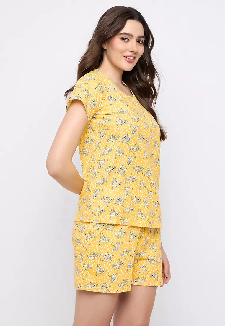 Clovia Printed Top & Shorts Set in Light Yellow- 100% Cotton