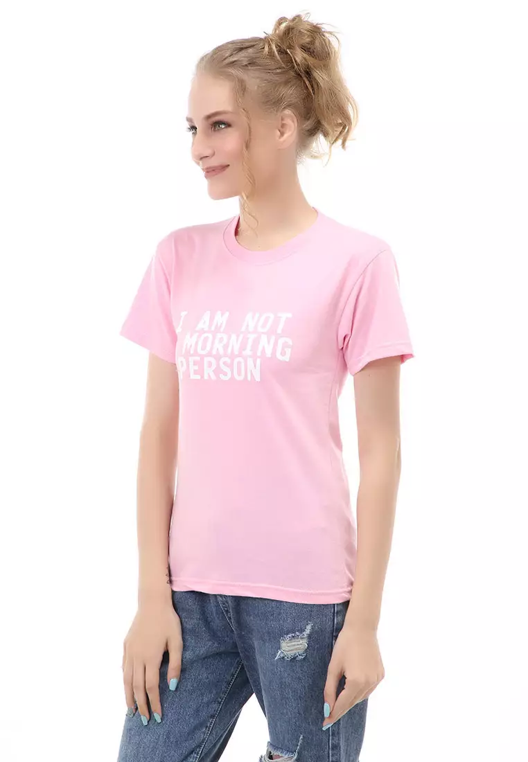 Genevie T-Shirt Kaos Kasual Wanita I Am Not a Morning Person Short Sleeve Material Cotton Combed ORIGINAL - Light Pink