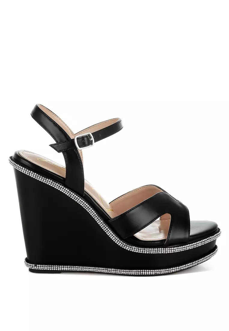 Discount on London Rag  shoes - SKU: Rhinestones Embellished Wedge Sandals In Black