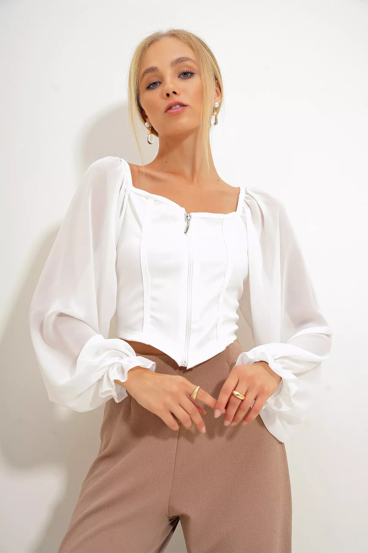 Tie Front White Puff Long Sleeve Zip Up Top Stradivarius Ruffle