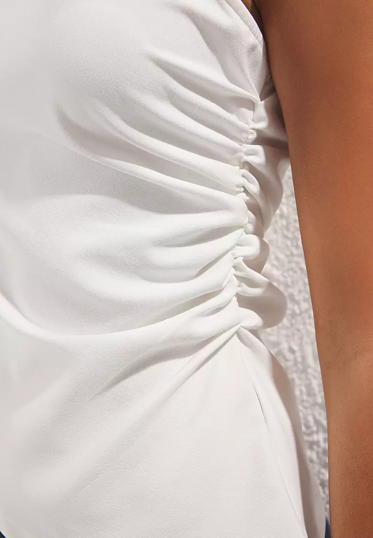 White Draped Asymmetrical Cut Fitted Woven Blouse Twoss25Bz00546