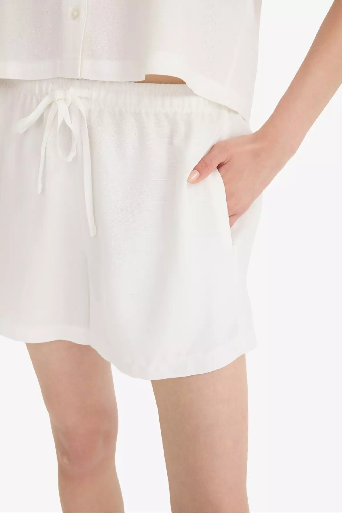 Regular Stretchy Waisted Pockets Linen Blend White Shorts F3181Ax25Sm