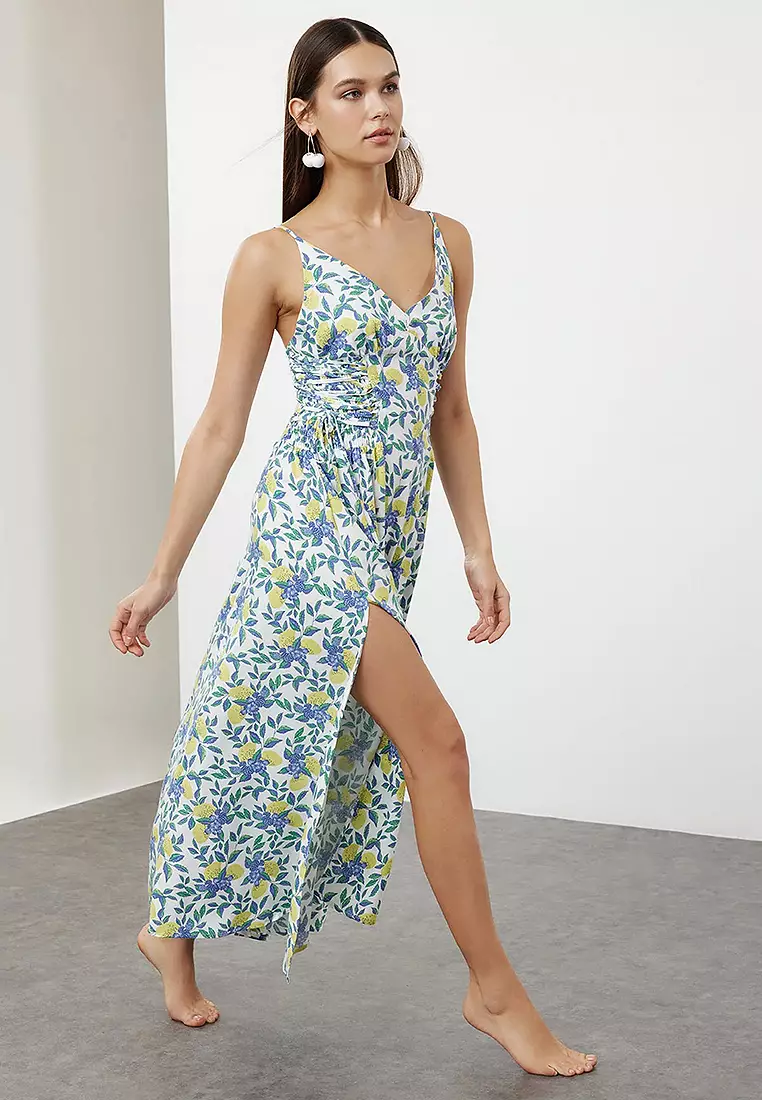 Viscose V-Neck Slit Beach Midi Dress