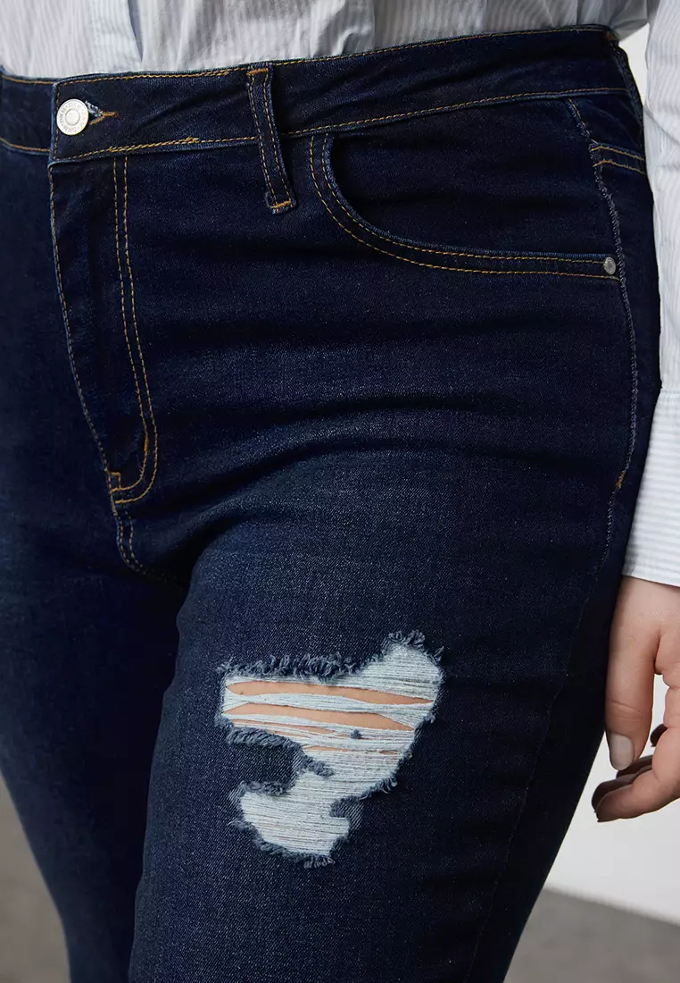 Navy Blue High Waist Ripped Detail Stretchy Skinny Jeans Tbbss22Je0187