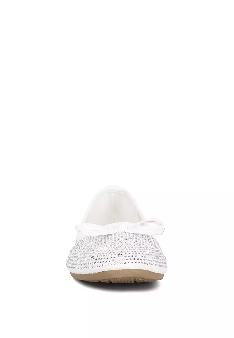 Off White Rhinestones Embellished Ballet Flats