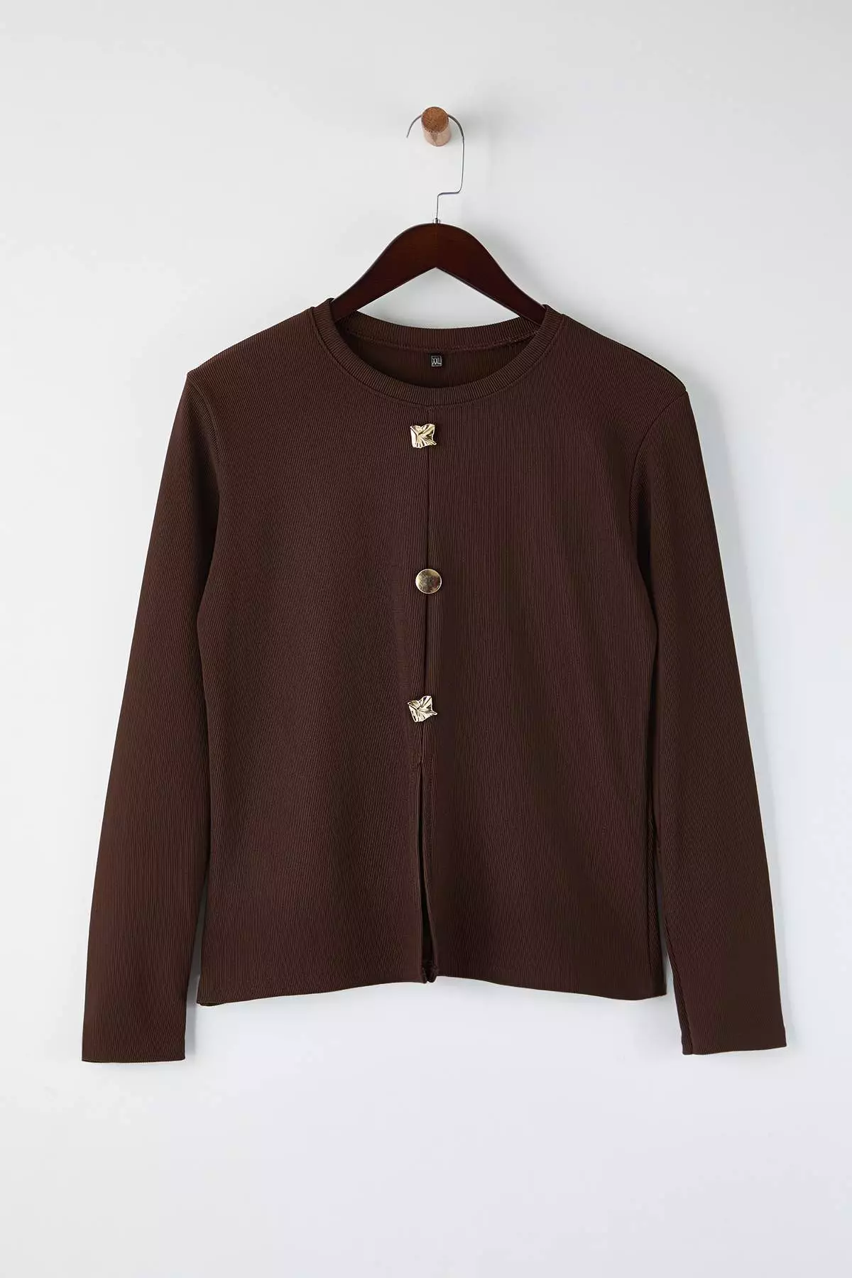 Brown Accessory Buttoned Long Sleeve Ribbed Knitted Plus Size Blouse Tbbaw26Af00078