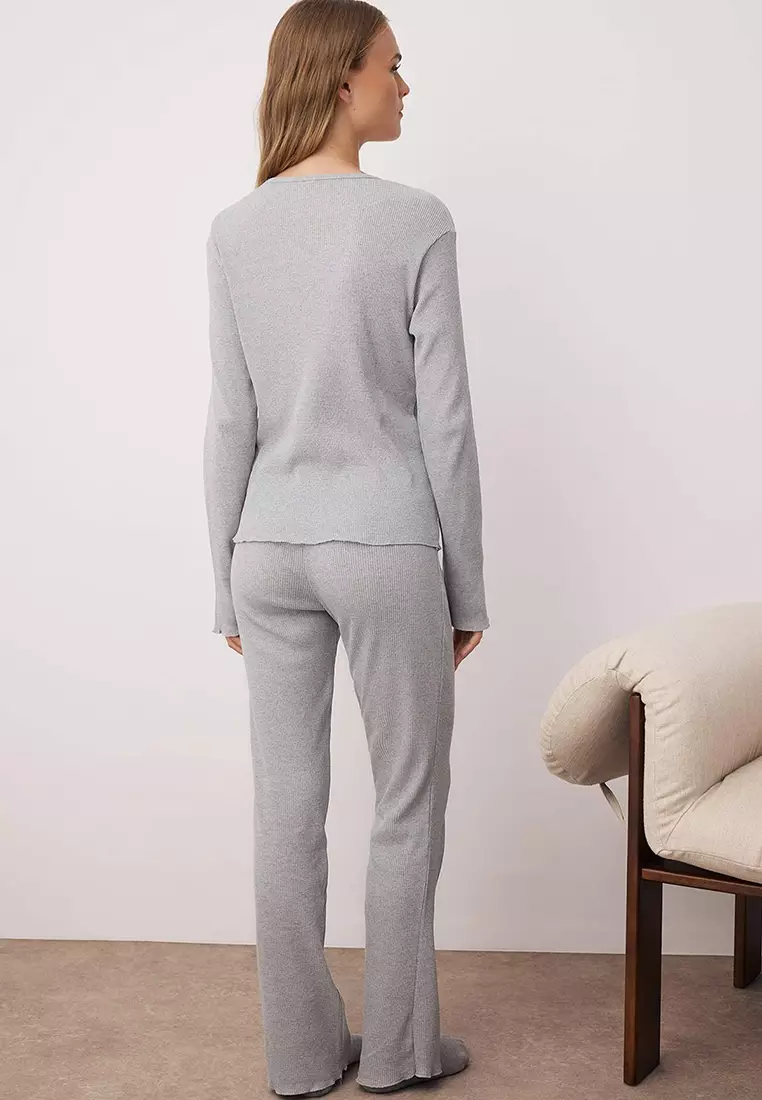 Gray Melange Half Placket Ruffle Ribbed Knitted Pajama Set