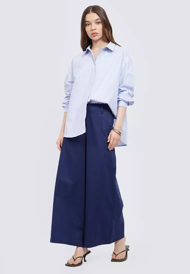 Linen Blend Wide Leg Pants DARK BLUE