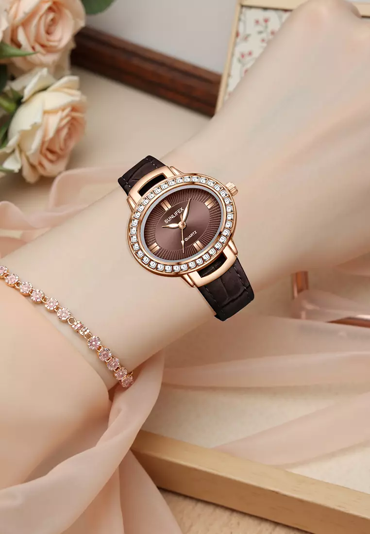 Jam Tangan Wanita Original Korea Kuarsa Antik Tali Kulit Kasual Oval Jam Tangan Cewek E052 brown