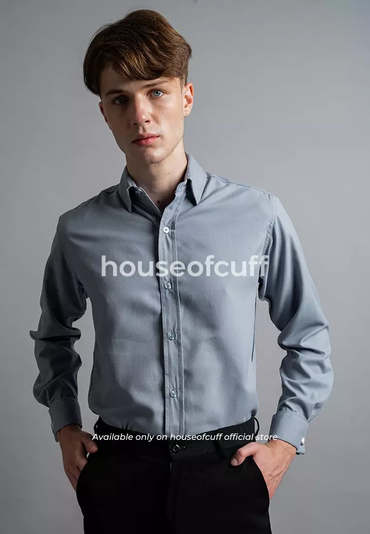 Houseofcuff Kemeja Kerja Formal Pria Model French Cuff / Double Cuff Dengan Cufflinks Warna Dusty Blue (Incl.Collar bar + Cufflinks )
