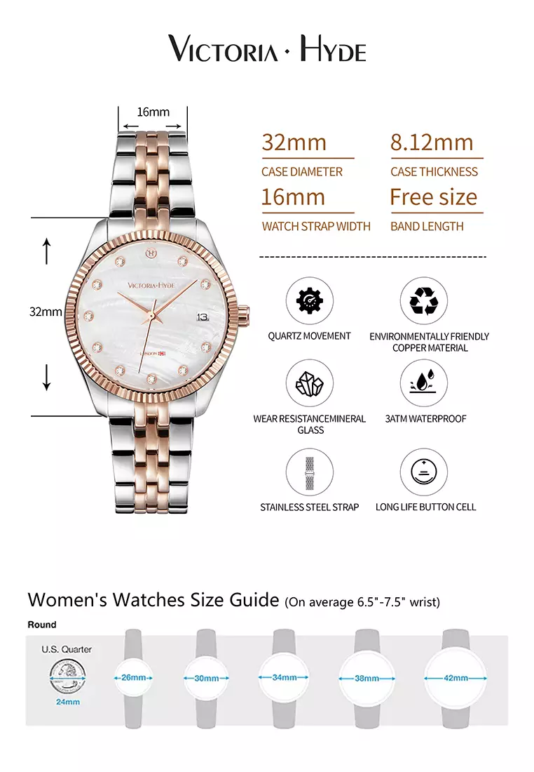 Women's Watch 32mm Round White River Scallops Dial Stainless Steel Strap Calendar Function Rose Mary- White