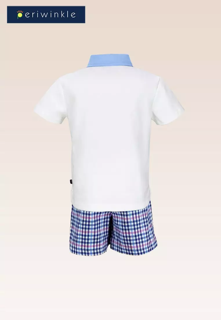 Caleb Boys Polo Shirt With Chambray Mix Fabric And Blue Checks Shorts