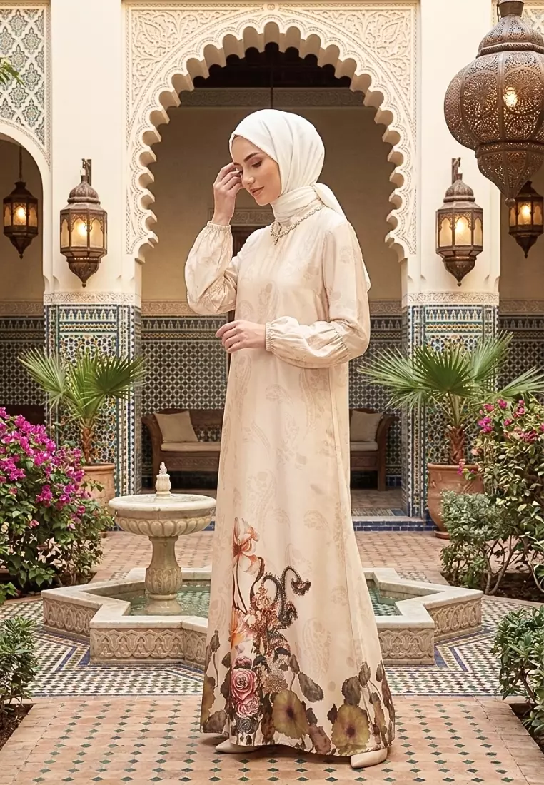 Gamis Wanita Motif Floral Elegan warna Cream Dress Muslimah Premium Lengan Balon Style Turki By Brilliant Girl Warna CREAM