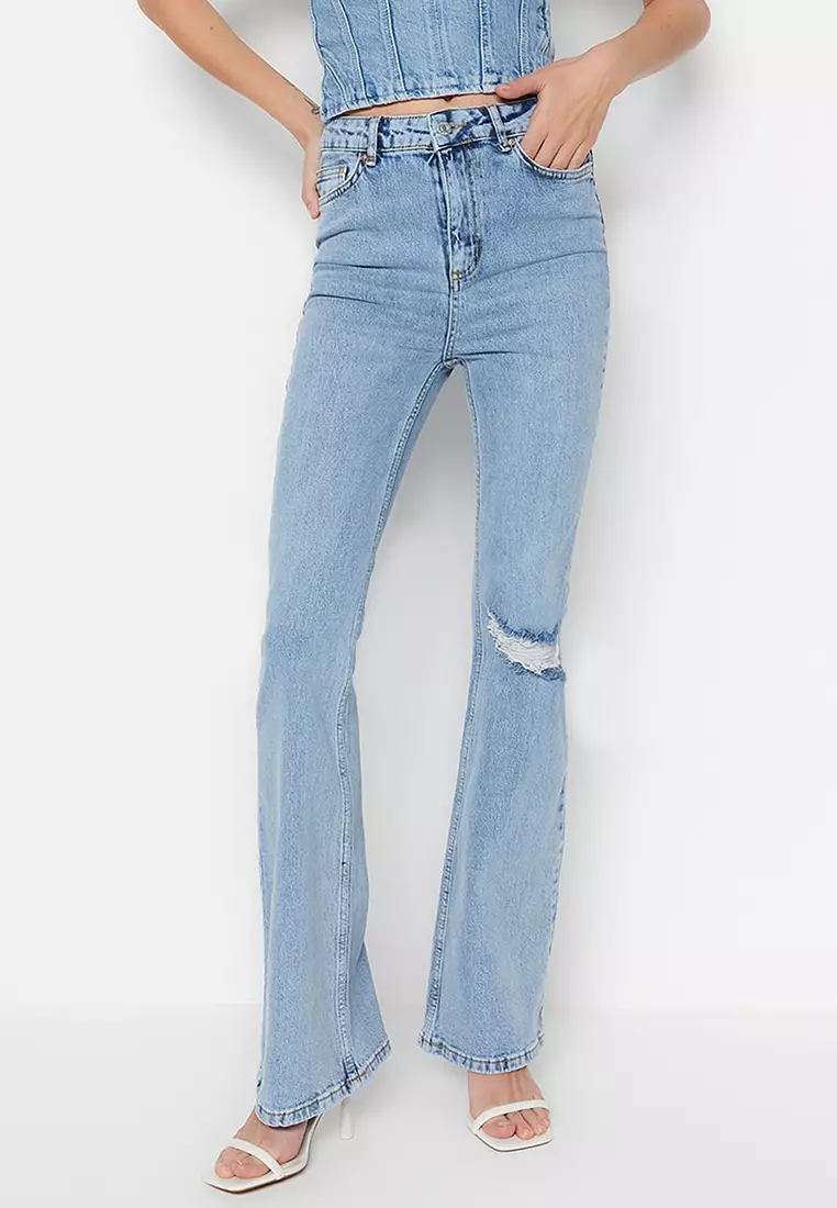Light Blue Wash Ripped Knee Flare Jeans
