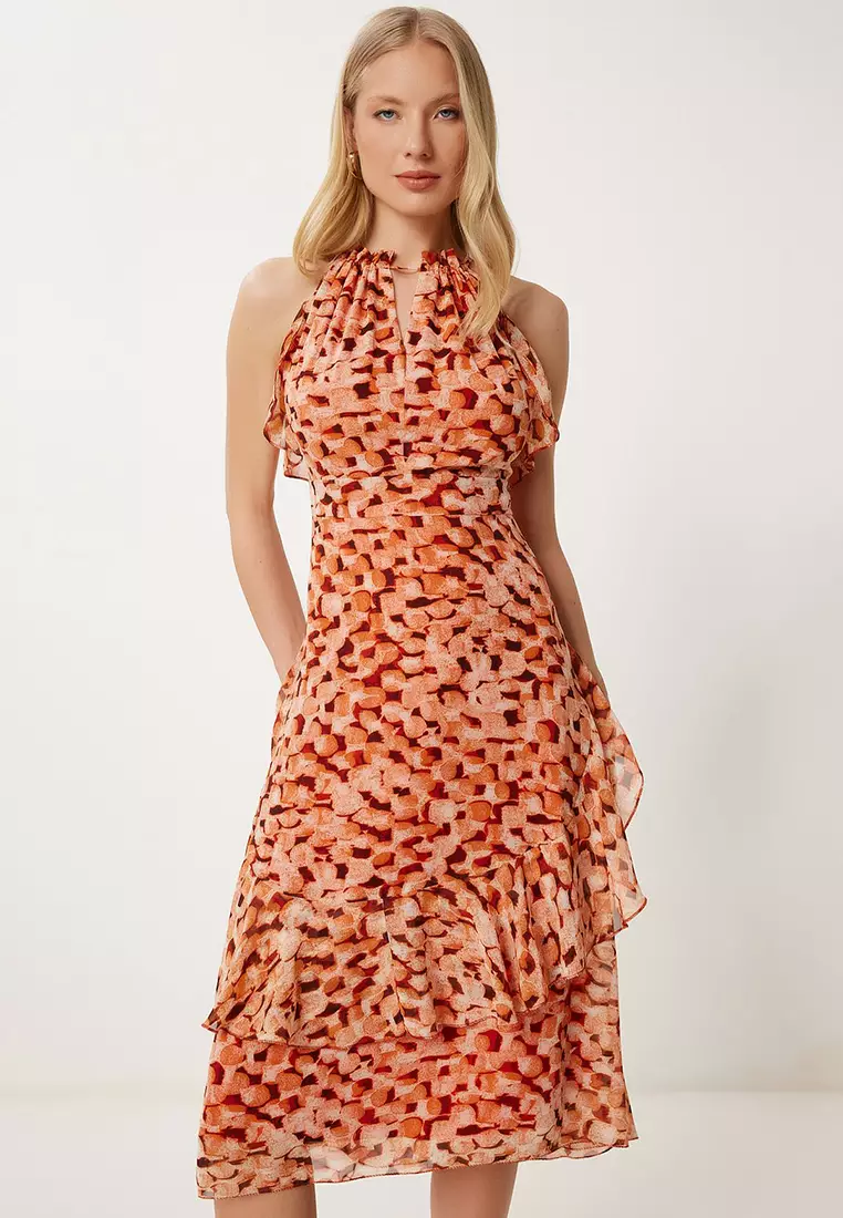 Women's Tile Bone Pattern Flounced Summer Chiffon Dress Fg00025