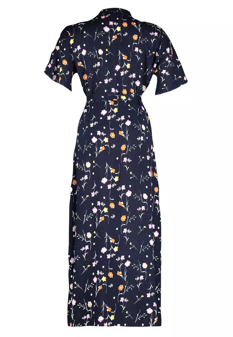 Navy Blue Floral Pattern Woven Slit Detailed Dress Tbbss22El1612