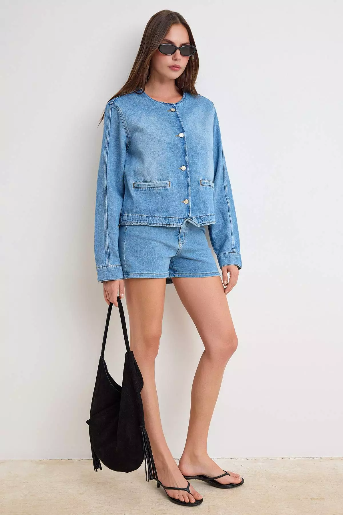 Blue Button Detailed Denim Jacket Twoss26Ce41