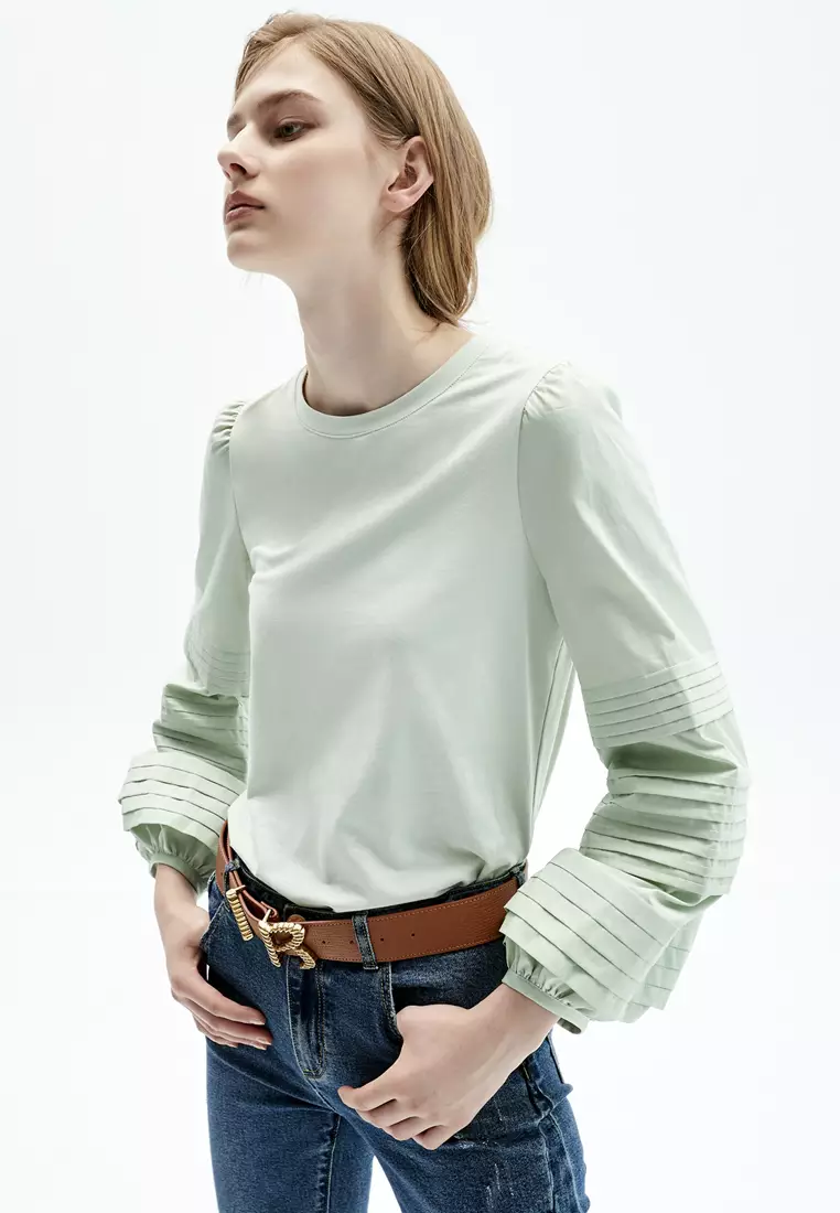 Light Green Top With Pleated Sleeve Detail