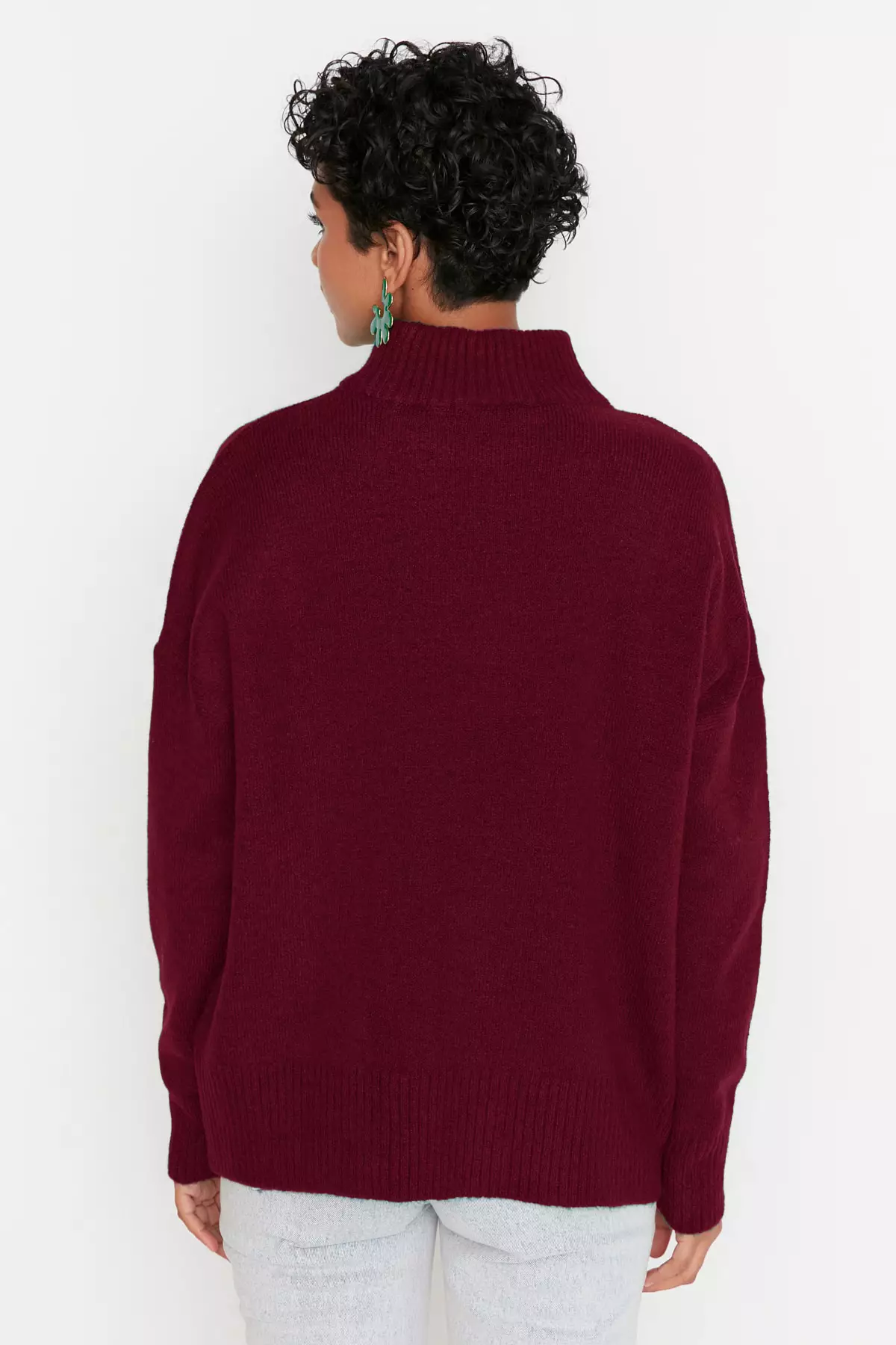 Claret Red Wide Pattern Soft Textured Stand Collar Knitwear Sweater