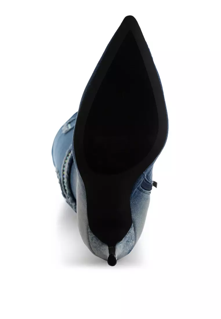 Rhinestones Knee High Denim Boots in Dark Blue