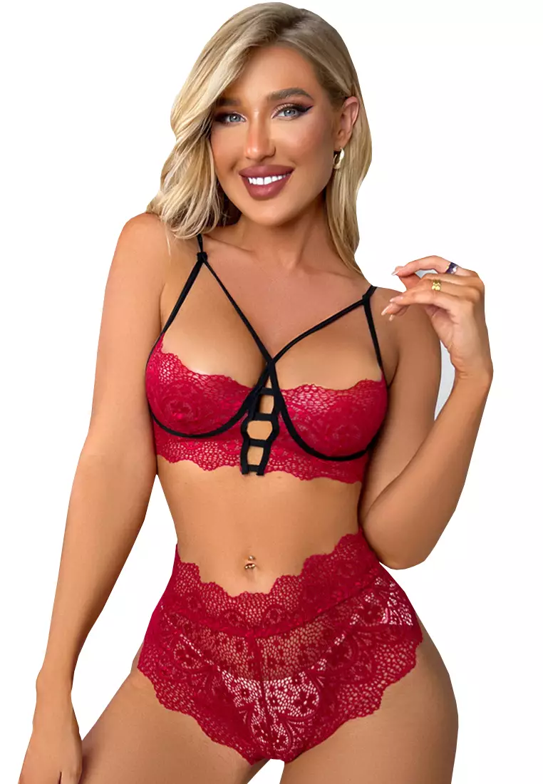 LMM0131a-Lady Two Piece Sexy Bra and Panty Lingerie Sets (Red)
