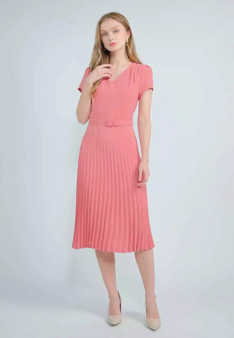 Amethyst V-neck Dress with Pleated Skirt and Adjustable Belt