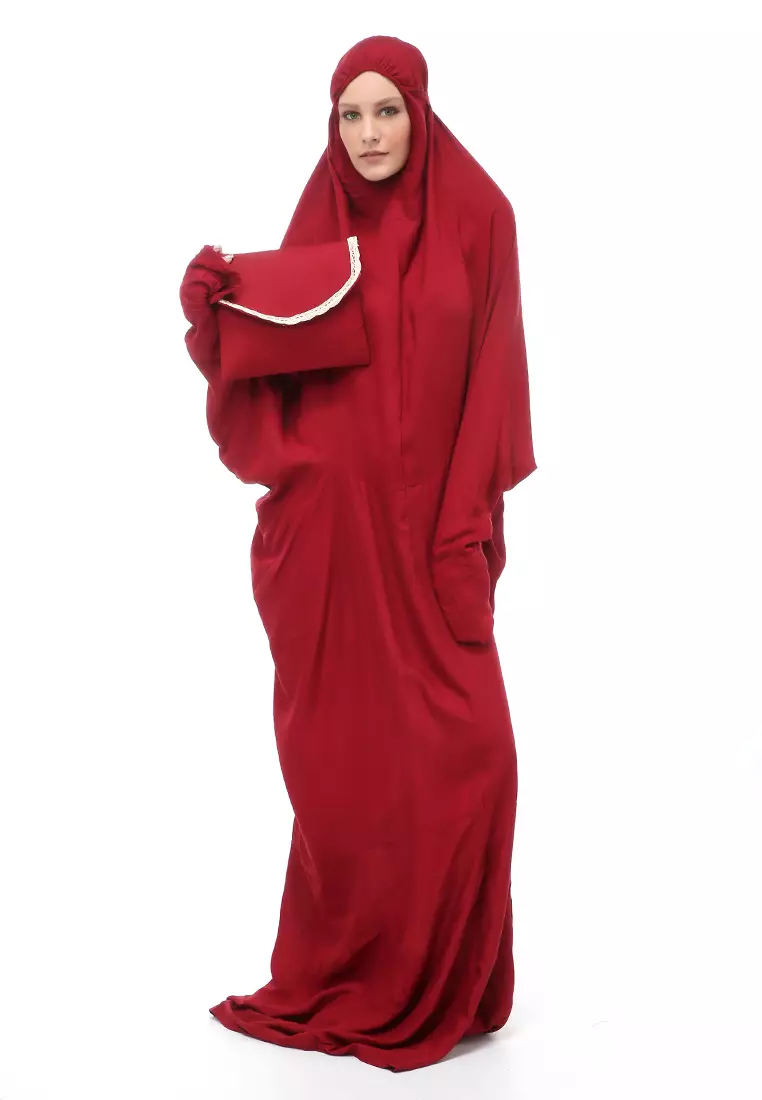 Karina Mukena Terusan Simple Muslimah Wanita Motif Polos Relaxed Fit - Maroon