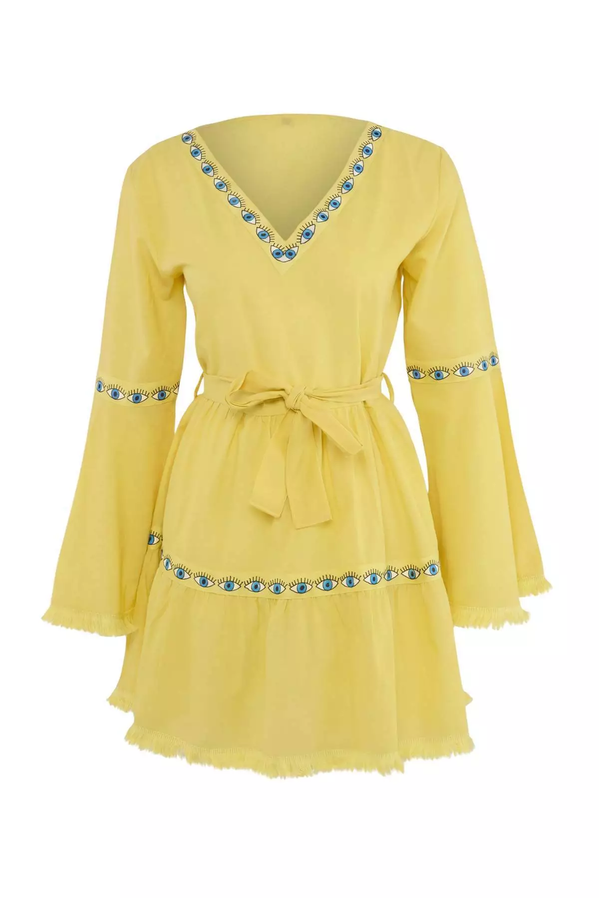 Yellow Belted Mini Woven Flounce Beach Dress Tbess21El1253