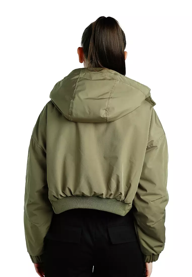 Drawstring Cropped Woven Jacket in Olive
