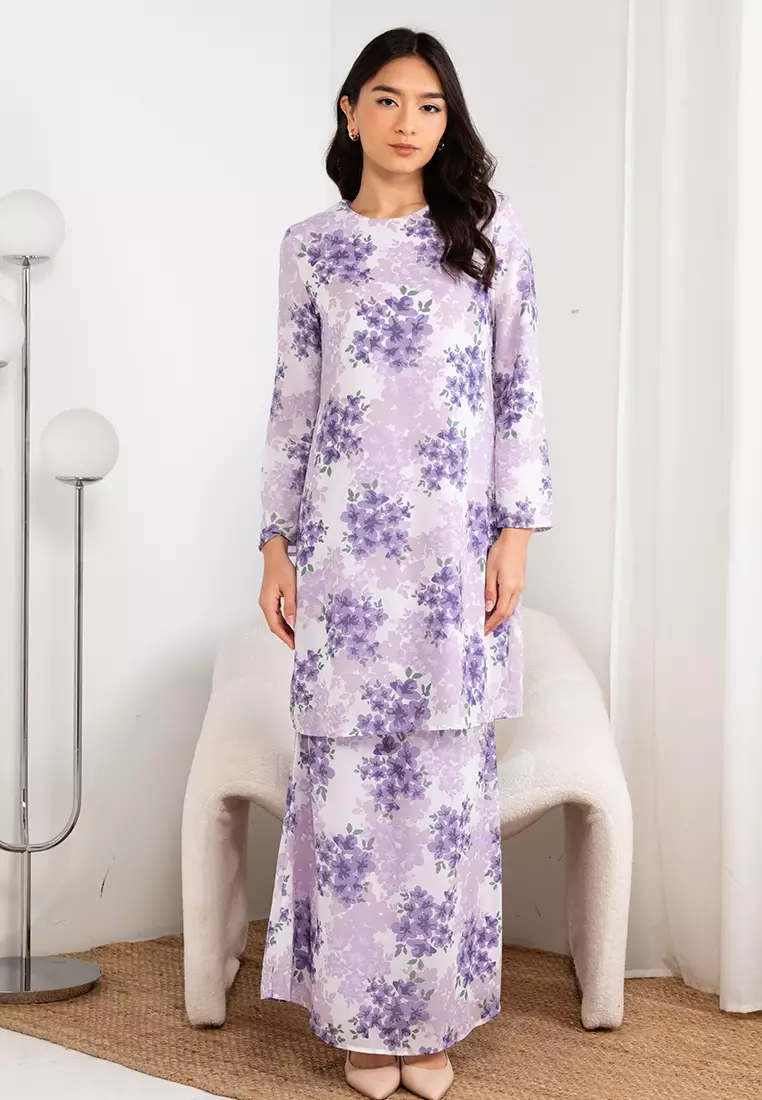 Abstract Lilac Floral Baju Kurung Modern Chiffon in Purple Base