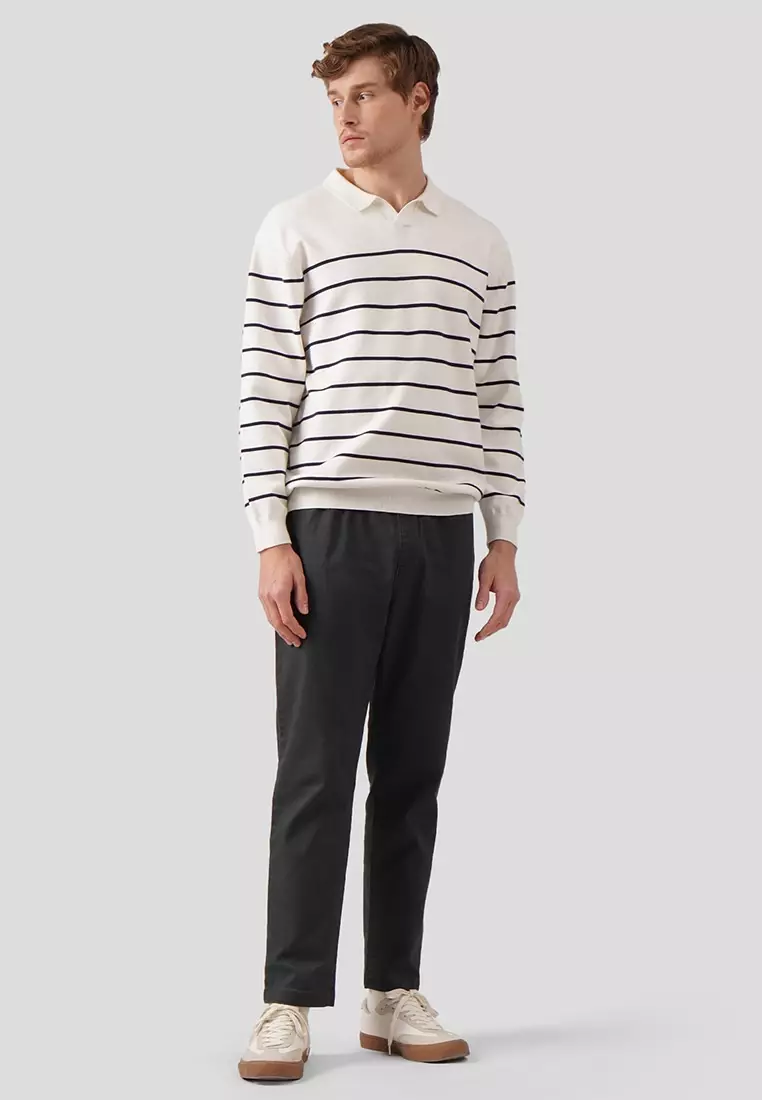 Regular Fit V-Placket Striped Pullover In Flat Knit