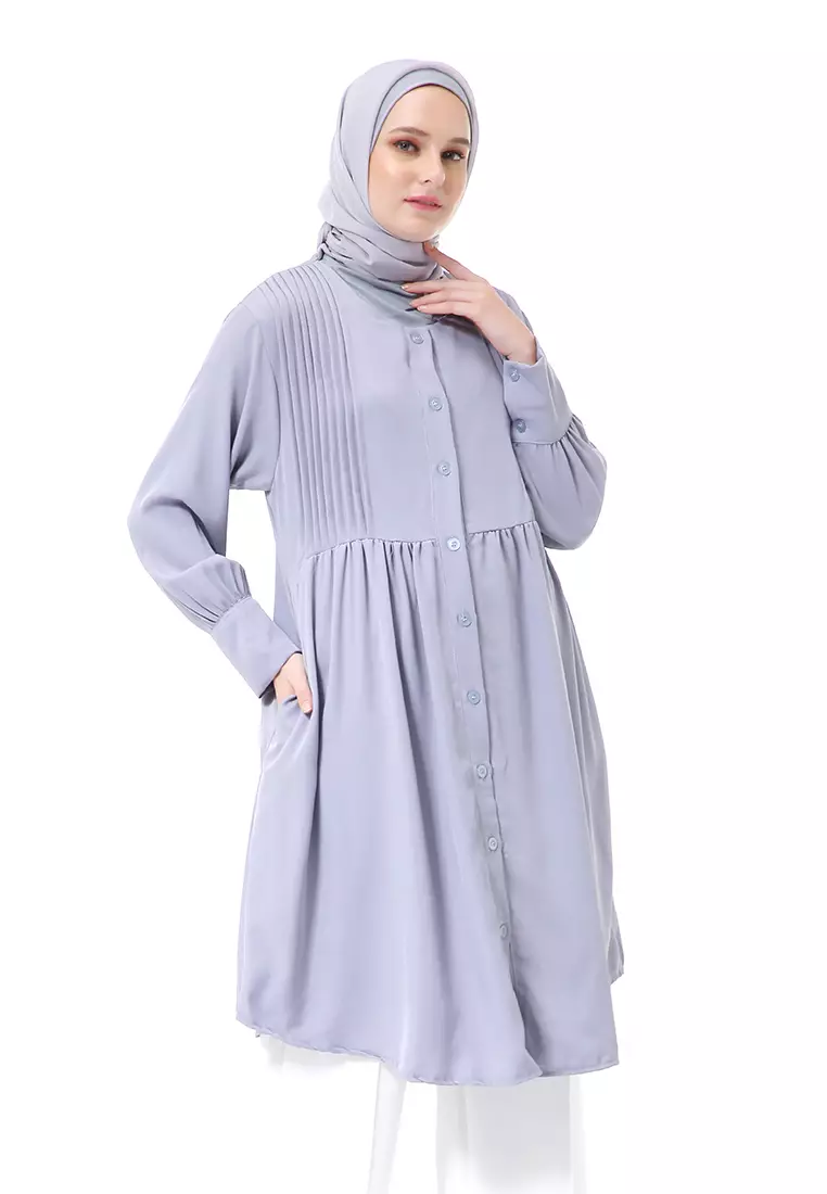 Xaula Tunik Polos Muslimah Atasan Wanita Lengan Panjang Premium High Quality - Grey Blue