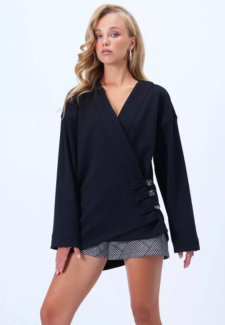 Women's Black Double-Breasted Asymmetric Cut Button Detailed Kimono Jacket Alc-X14411