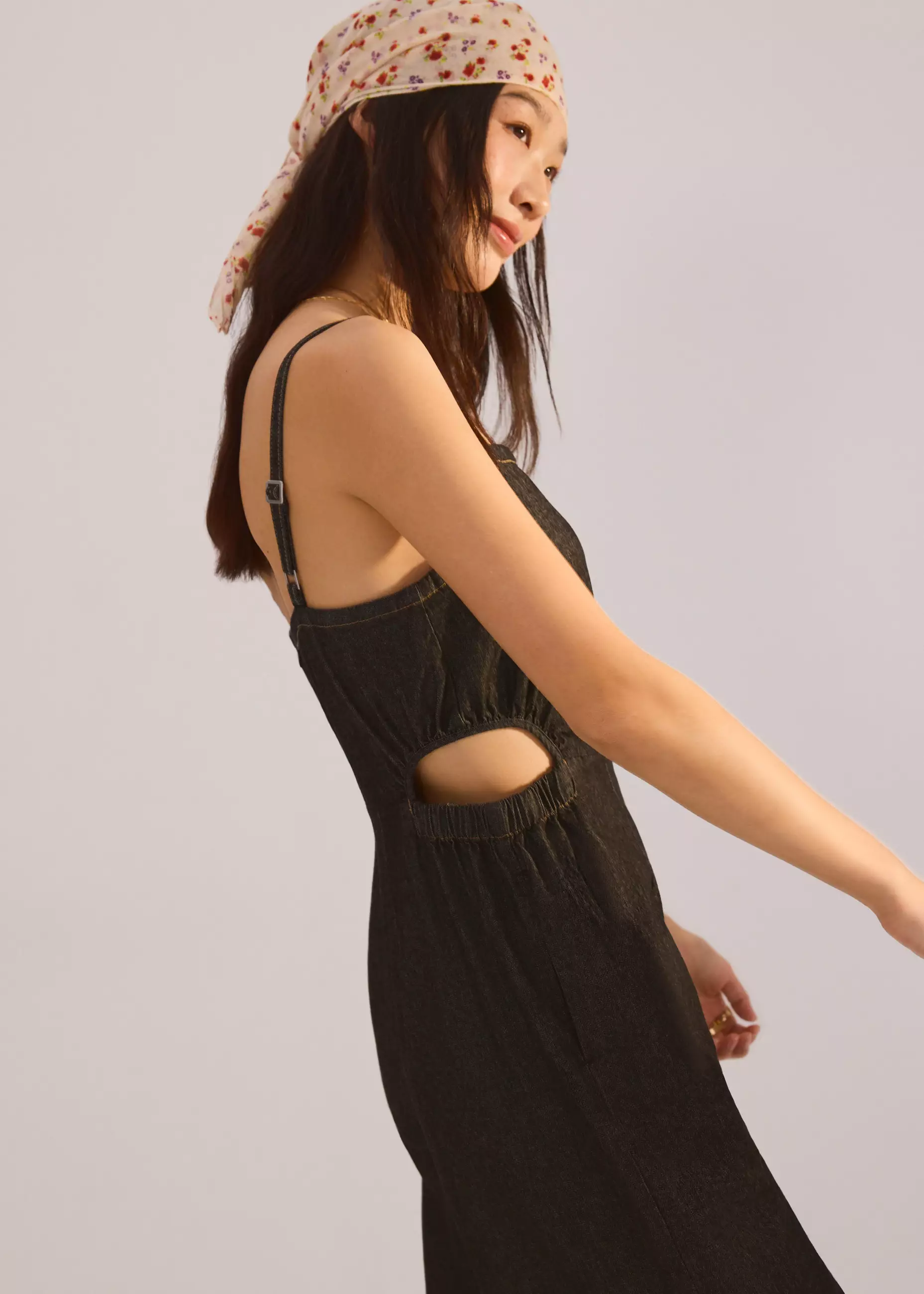 Jumpsuit Wanita - Denim Cut Out Straight Neck Jumpsuit