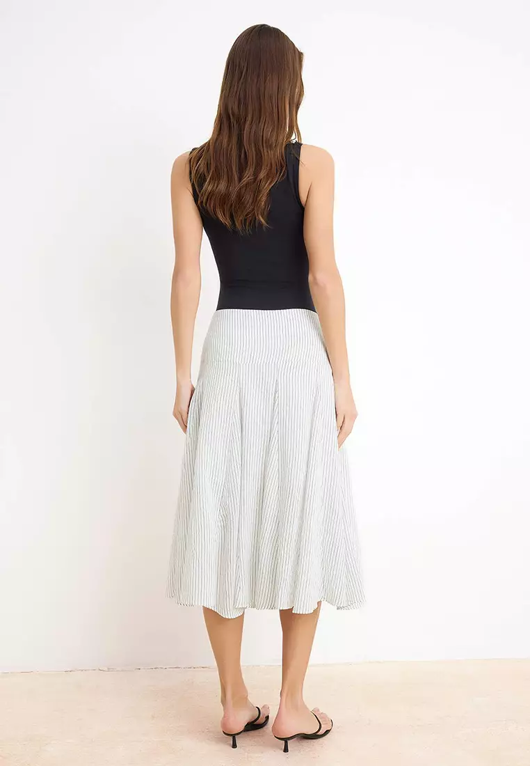 White Striped Lined Flared Midi Skirt Twoss26Et73