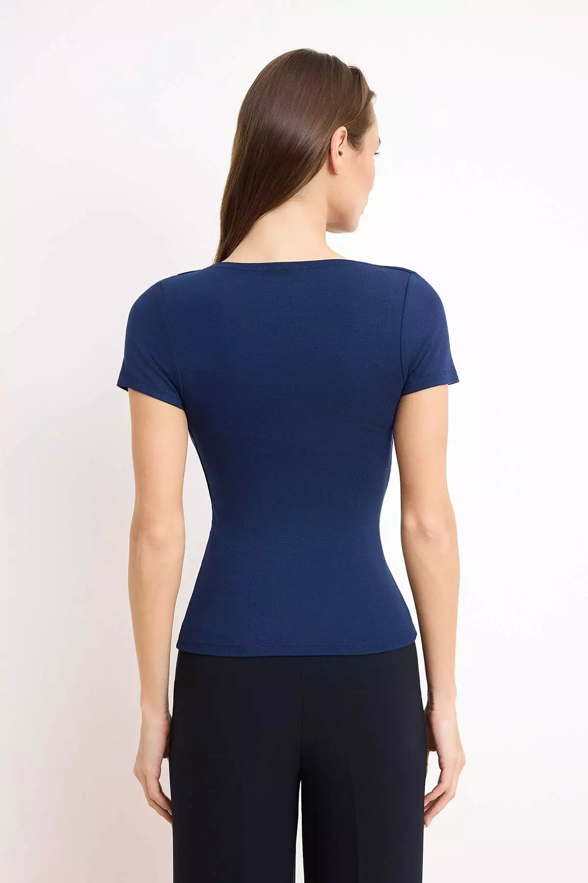 Navy Blue Shirring/Drape Detail Fitted/Bodycon Knitted Blouse Twoss25Bz278