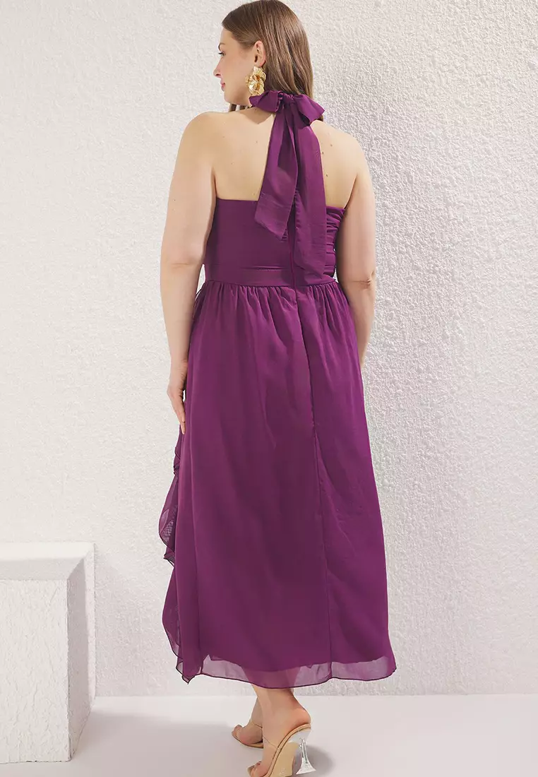 Purple Chiffon Maxi Ruffle Halter Neck Woven Plus Size Dress Tbbss25Ah00170