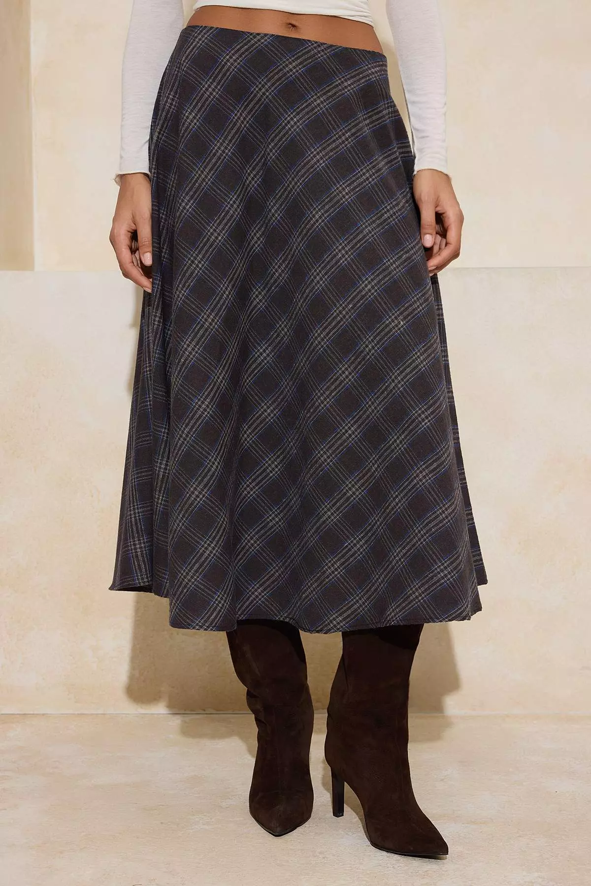 Brown Plaid/Checkered Flannel Woven Flared Midi Skirt Twoaw26Et172