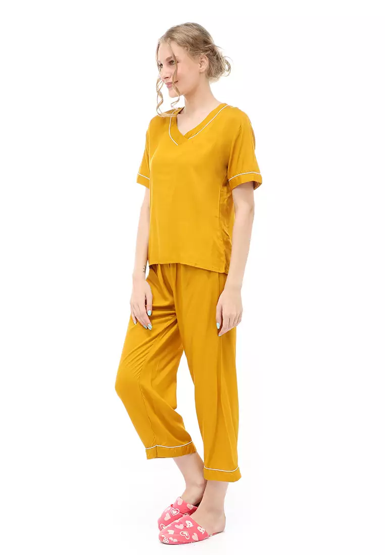 Vance Piyama Setelan Baju Tidur Wanita Lengan Pendek Material Rayon ORIGINAL - Yellow