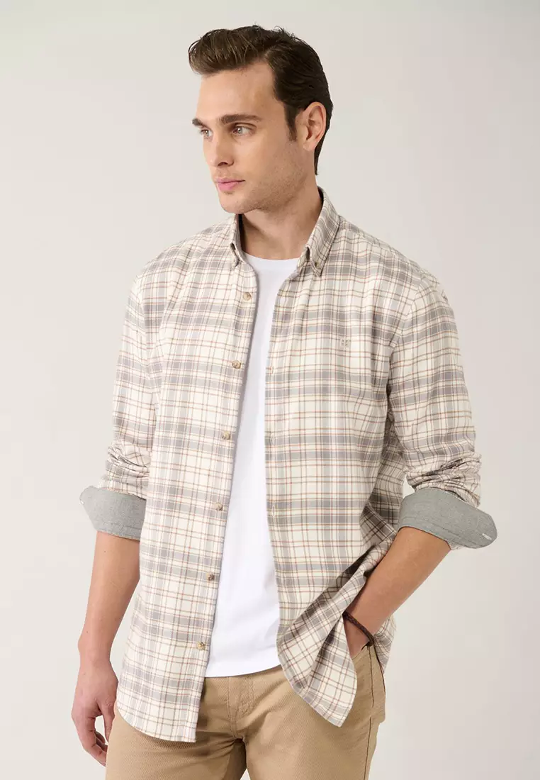 Men's Beige Button-Down Collar 100% Cotton Plaid Shirt A32Y2150