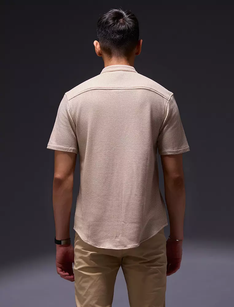 OXCON kemeja Tangan Pendek Waffle Kerah Collarless Cream