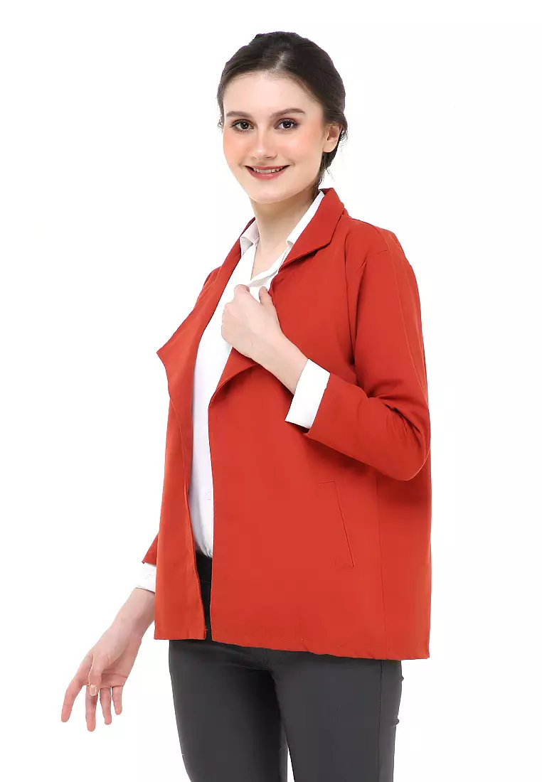 Qemsya Jas Blazer Wanita Long Outer Casual Suit Material Baby Canvas ORIGINAL - Coral