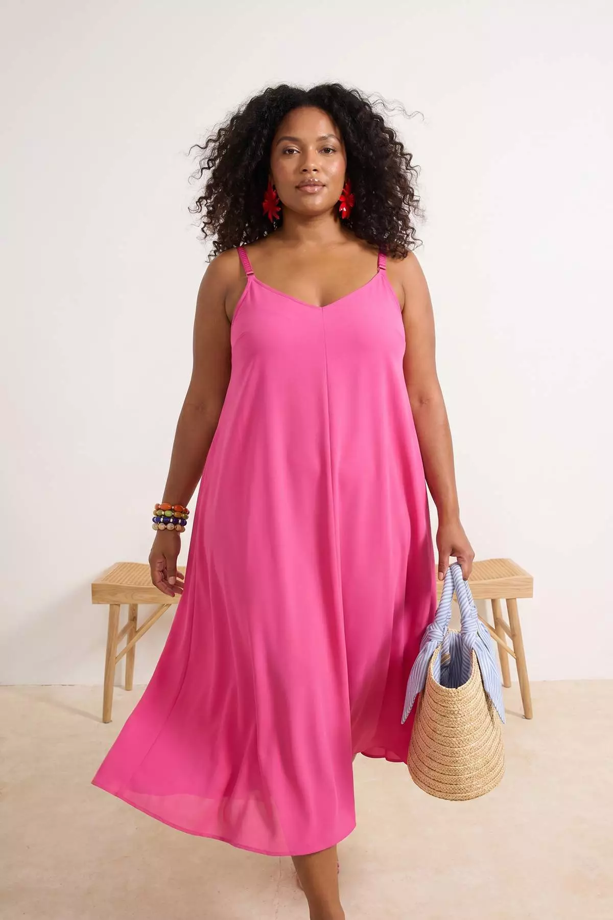 Beachwear Pink Maxi Length Voile Woven Plus Size Beach Dress Tbbss26Ah00106