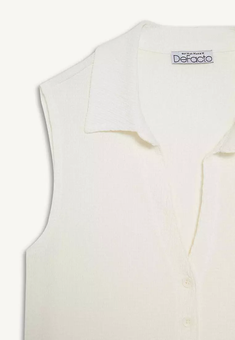 Fitted Shirt Collar Textured Sleeveless White Blouse F1018Ax25Sm
