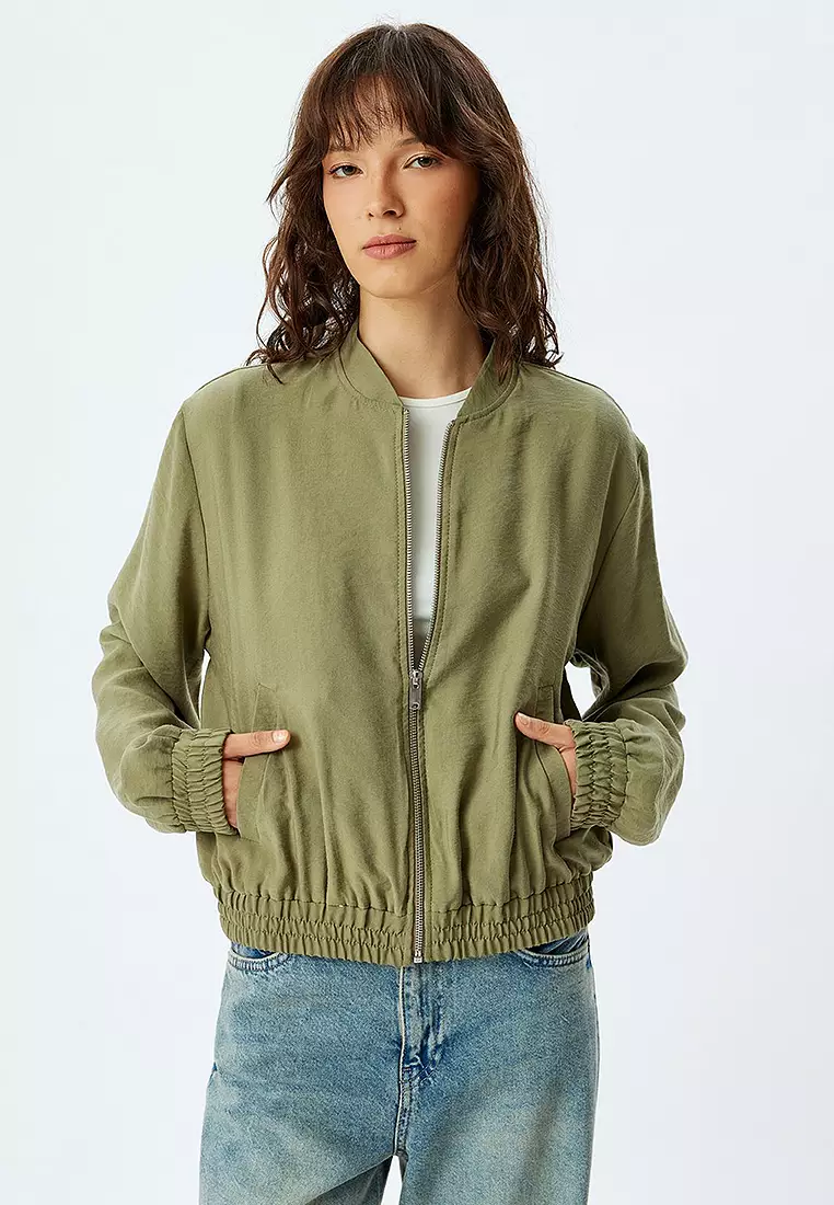 Bomber Jacket Modal Fabric Pocket Round Neck